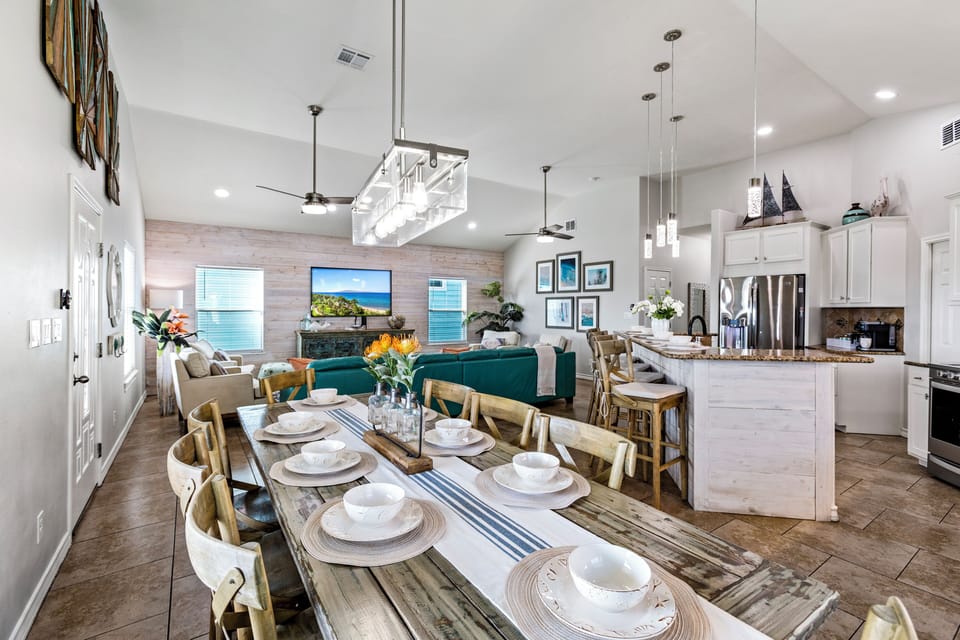 Dining table with seating for eight—perfect for group meals and family gatherings.