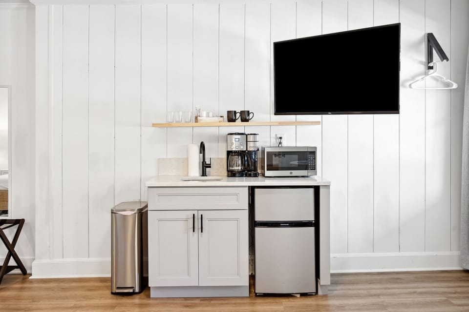 Microwave, Mini-fridge, and Coffee station