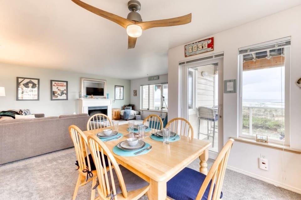 Dining table accommodates six.