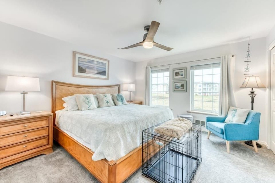 Master bedroom features a king bed and a 55" Smart TV for your entertainment. Dog crate also available.