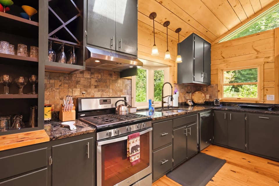Custom kitchen stocked with enough supplies to get your trip started off right.