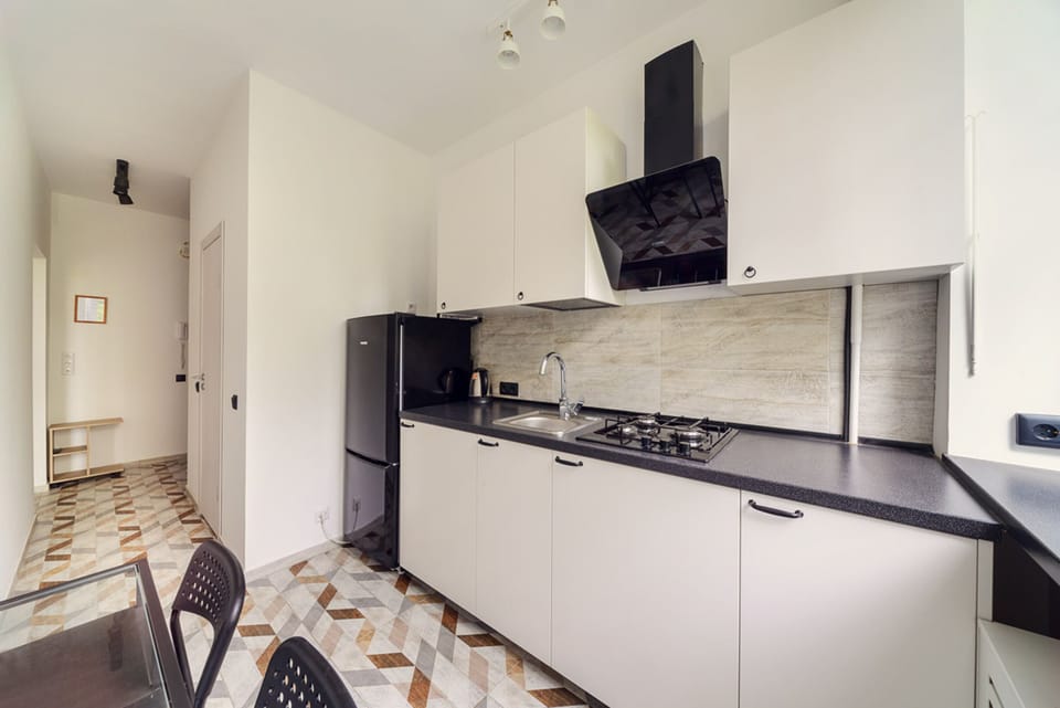 Basic Apartment | Private kitchen | Full-size fridge, stovetop, electric kettle, cookware/dishes/utensils