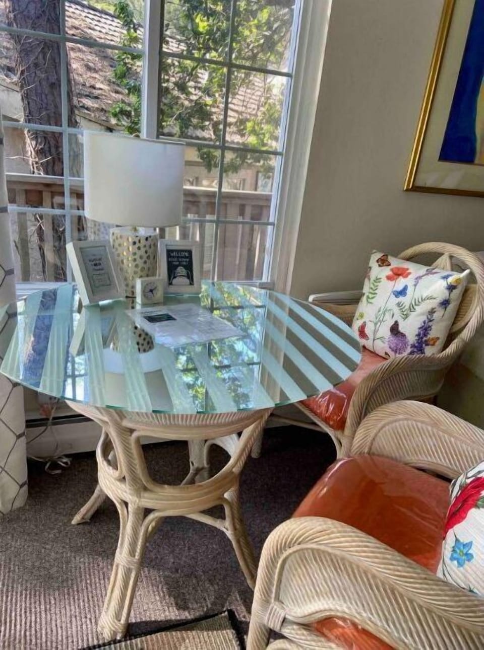 Dining table with two chairs.