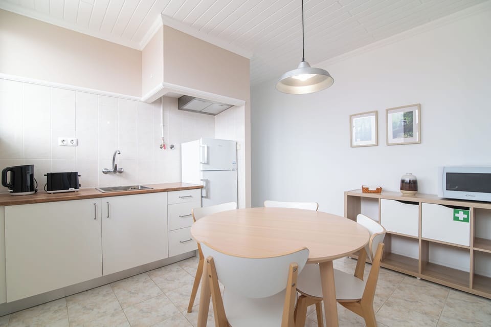 Fridge, microwave, electric kettle, toaster