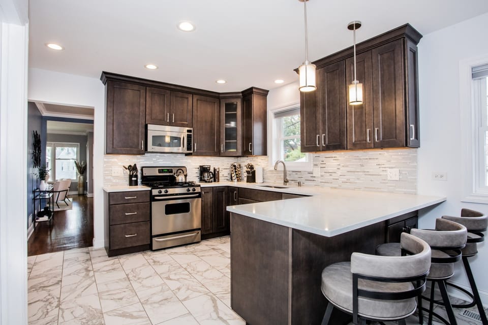 Expansive counterspace and an open concept kitchen is perfect for large groups