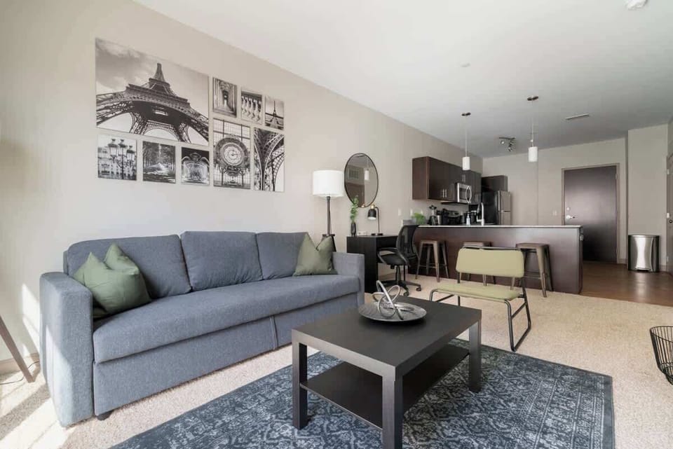Living Room Features:
 - 50" HD TV with swivel mount
 - Entertainment console
 - Netflix
 - Queen Sized pull out sofa w storage
 - Desk
 - Juliet balcony