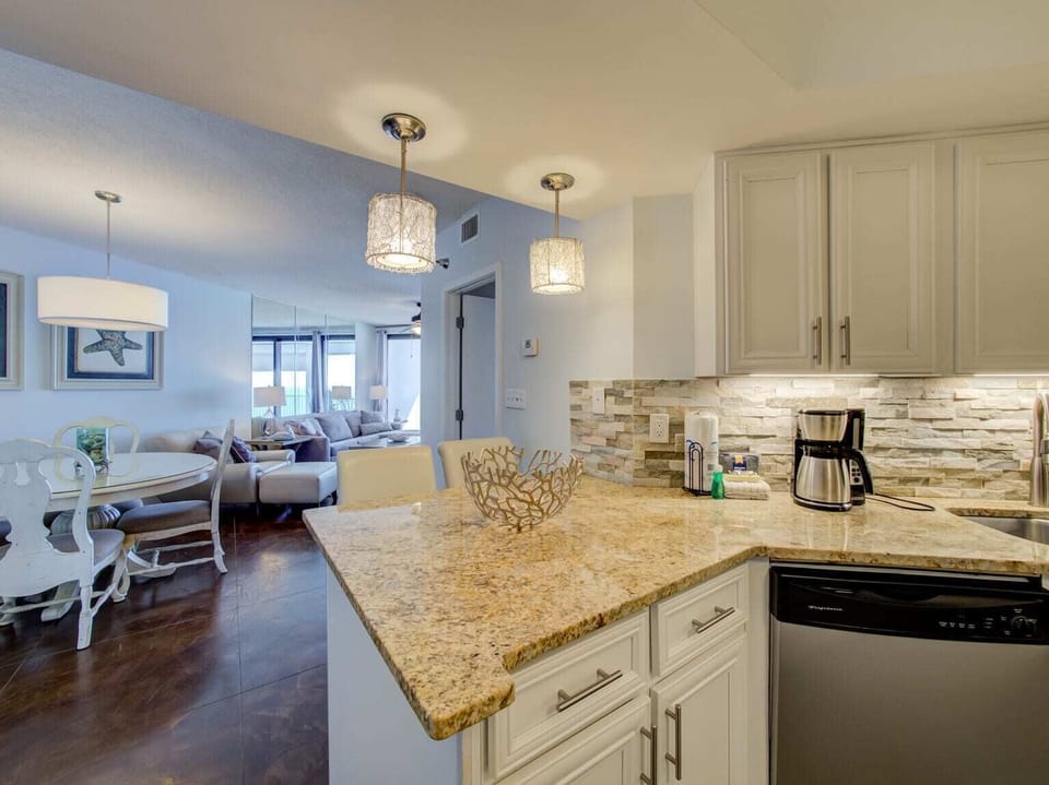 Kitchen bar with two stools.