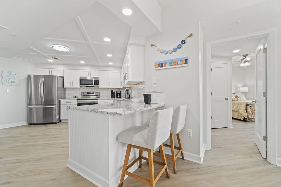 Kitchen bar with seating for two.