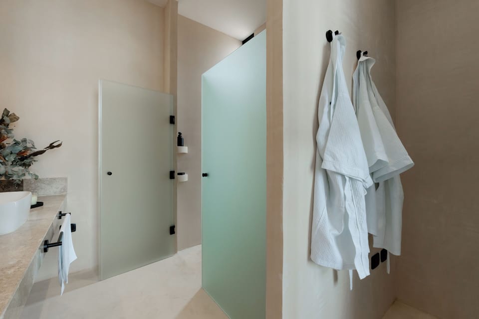 Shower, hair dryer, bathrobes, soap
