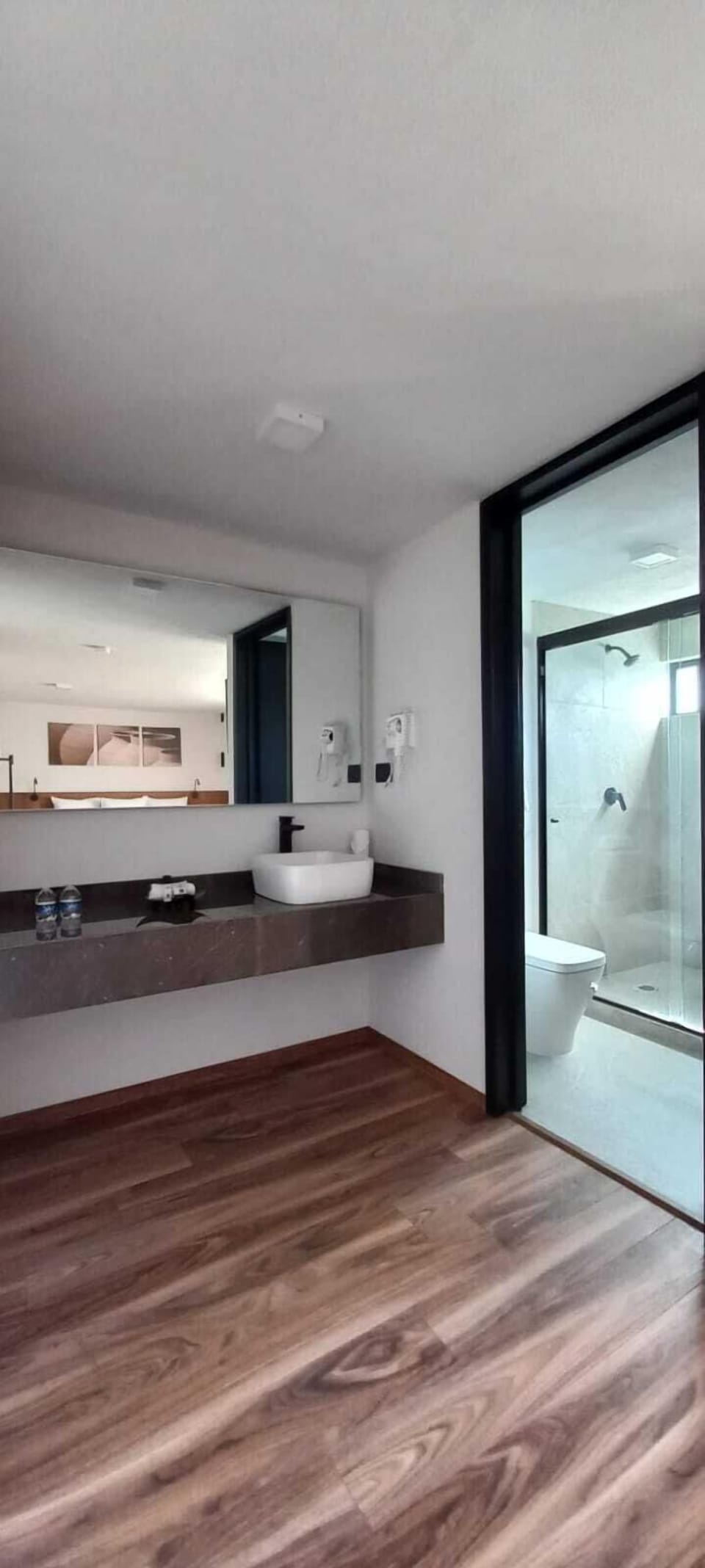 Shower, rainfall showerhead, towels