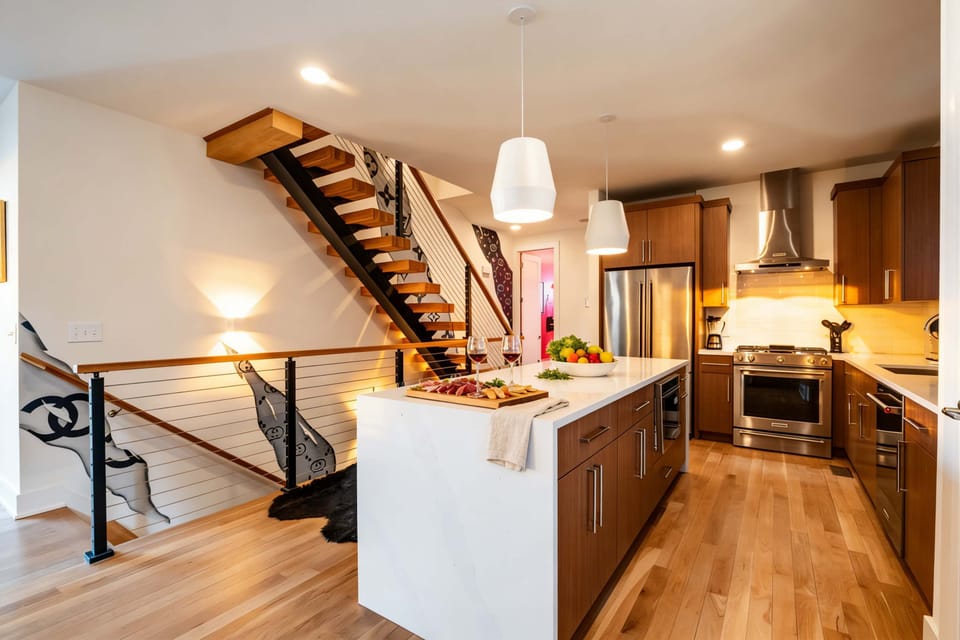The kitchen island is the heart of this Nashville house; cook together, pull up a stool, and stay in the action while others wander into the living room