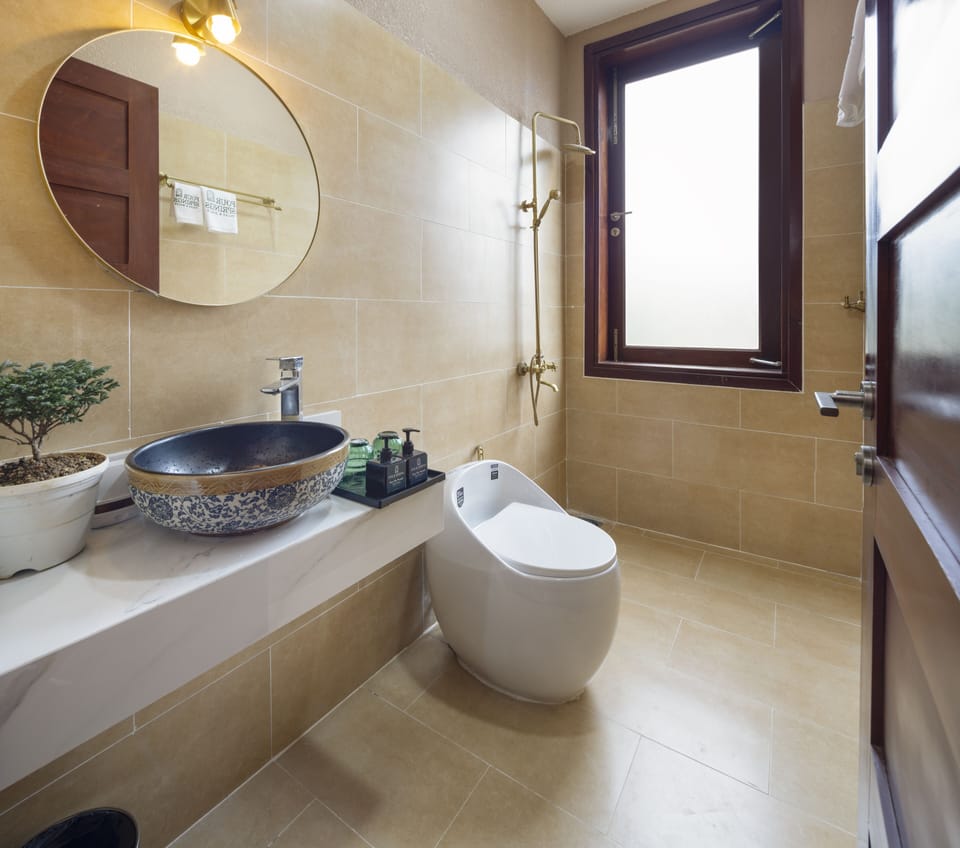 Shower, hydromassage showerhead, hair dryer, bathrobes