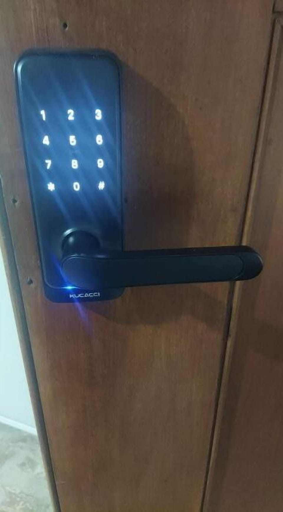 Ultra-secure electronic lock on the front door of the apartment.