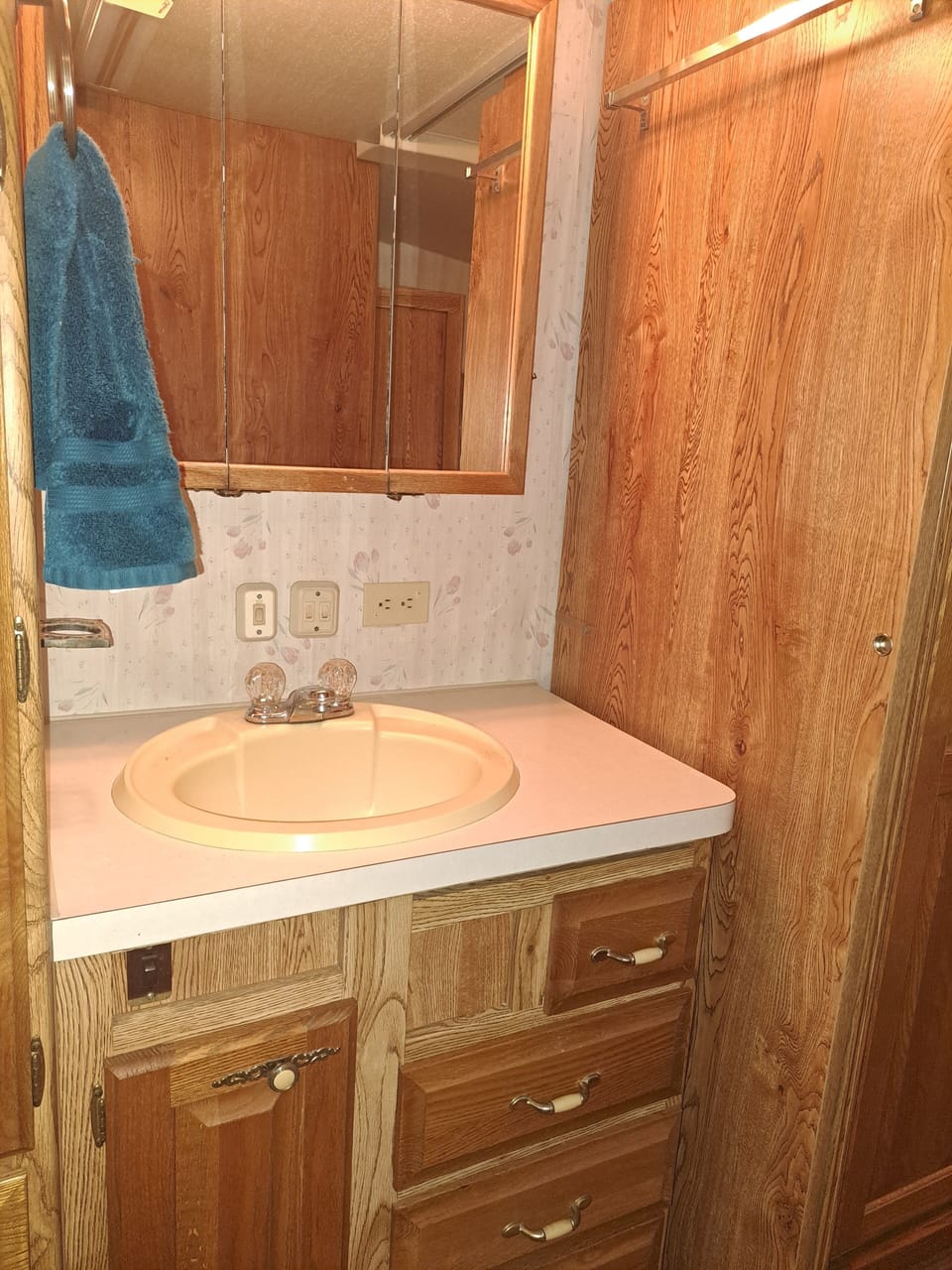 vanity area With hand soaps n towels