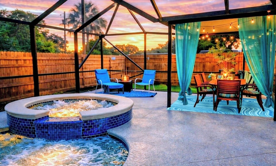 Resort-Style Pool & Hot tub  Oasis 🌴 Glowing Blue Nights + Waterfall Retreat 