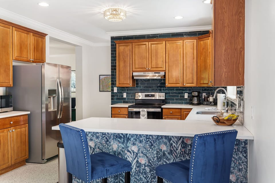 Counter seating in the open concept kitchen. 