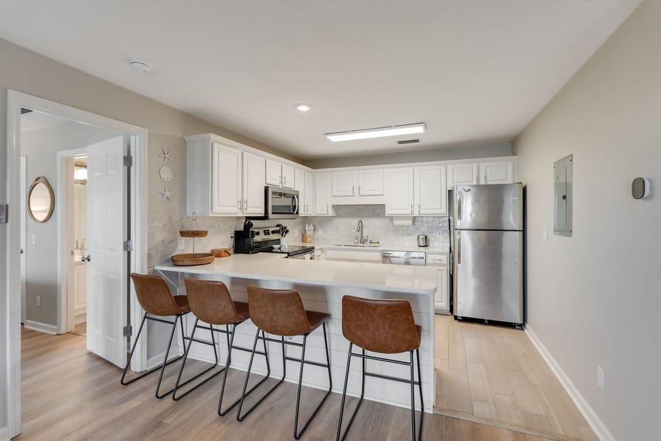 Kitchen with master bed/bath to the left