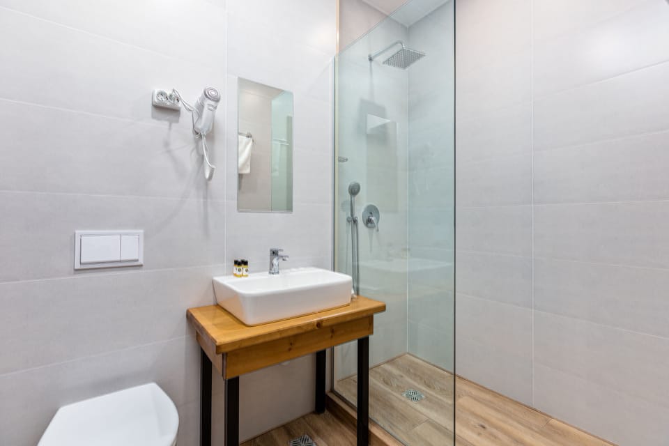 Shower, hair dryer, bathrobes, slippers