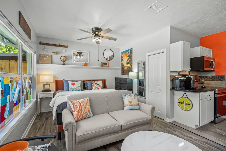 There's a closet and dresser for ample storage.
