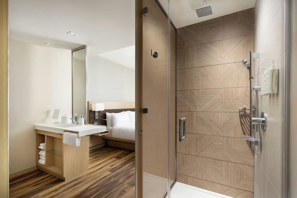 Hair dryer, towels, soap, shampoo