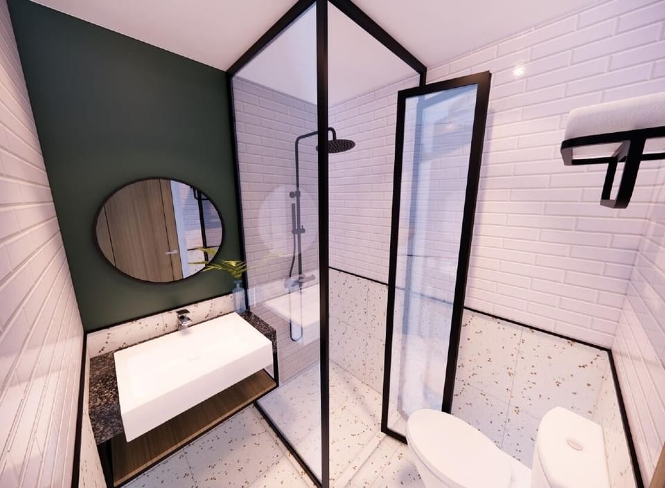 Shower, free toiletries, hair dryer, slippers