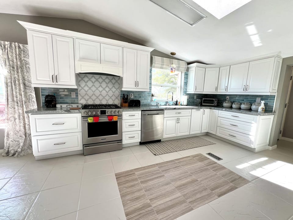 Large kitchen with coffee bar area.