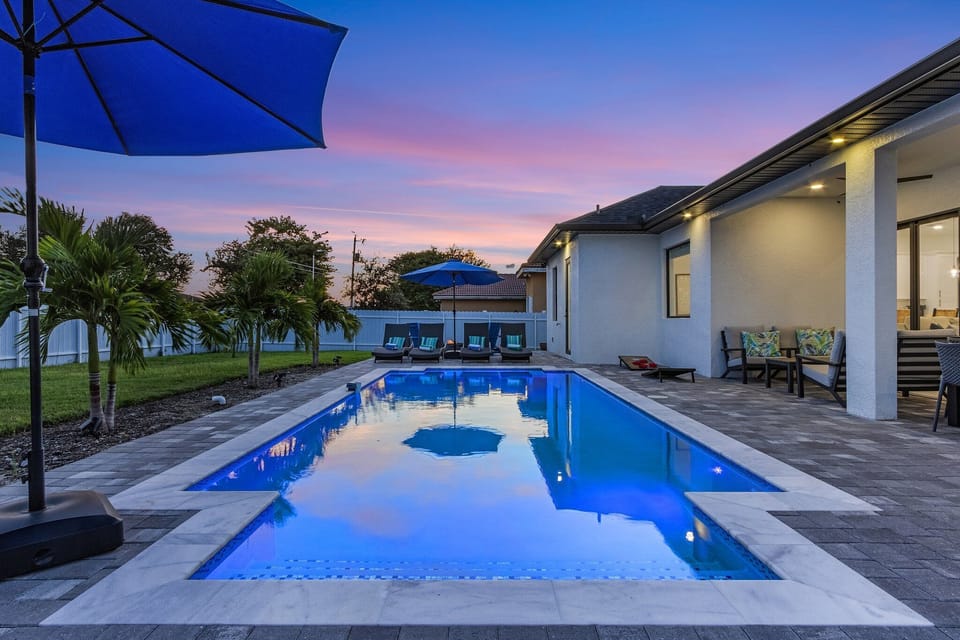 Twilight Photo of our private heated pool!