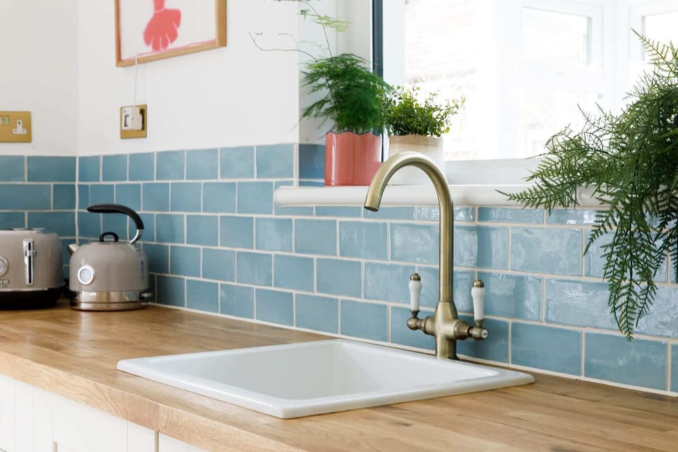 Pretty blue tiles and house plants line the kitchen.