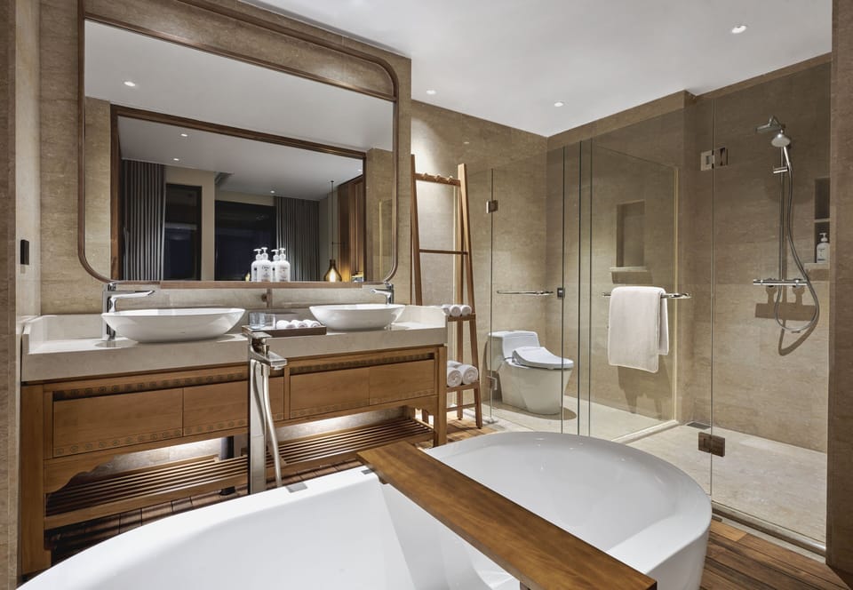 Shower, rainfall showerhead, eco-friendly toiletries, hair dryer