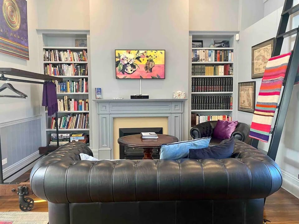 The lounge area is directly in front of the gas fireplace. 