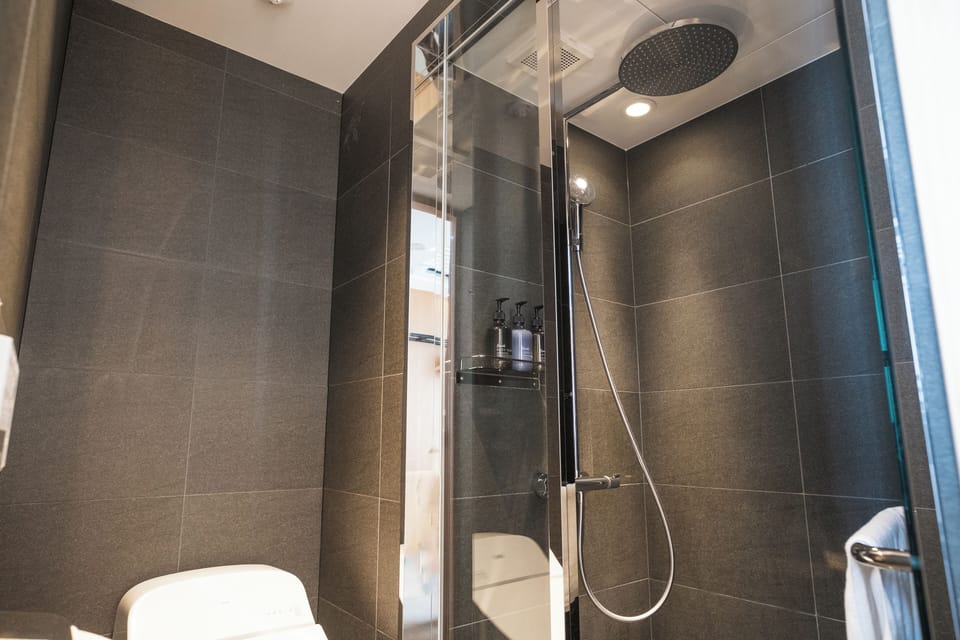 Shower, hydromassage showerhead, eco-friendly toiletries, hair dryer