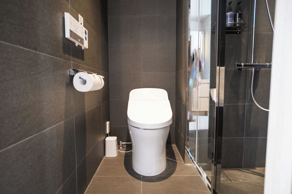 Shower, hydromassage showerhead, eco-friendly toiletries, hair dryer