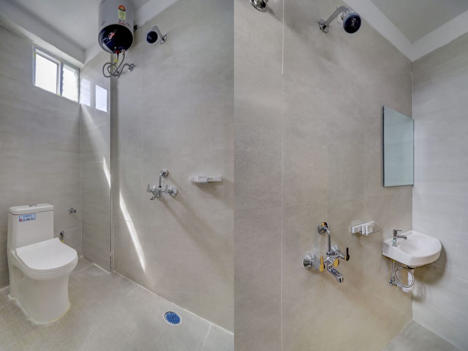 Shower, towels, soap, toilet paper