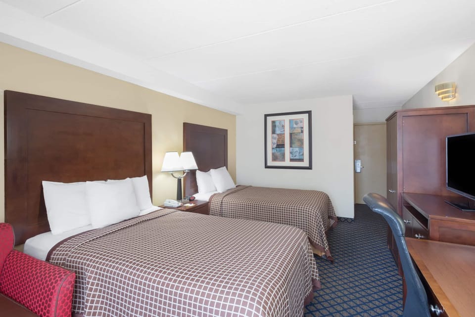Room, 2 Queen Beds, Non Smoking | Desk, laptop workspace, blackout drapes, iron/ironing board