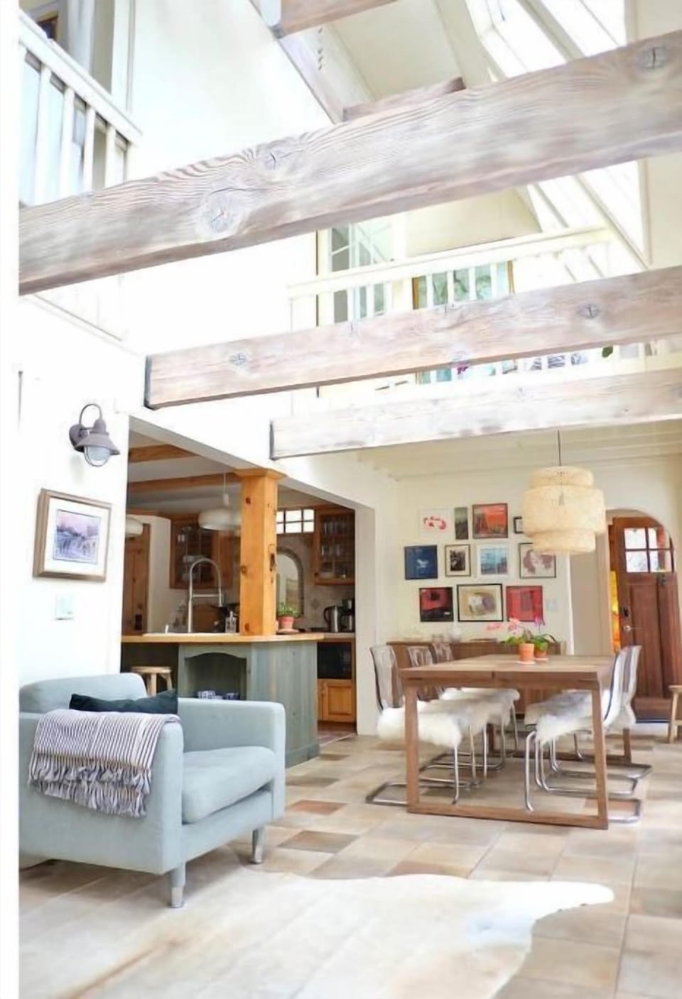 View of the dining table below the sun room.