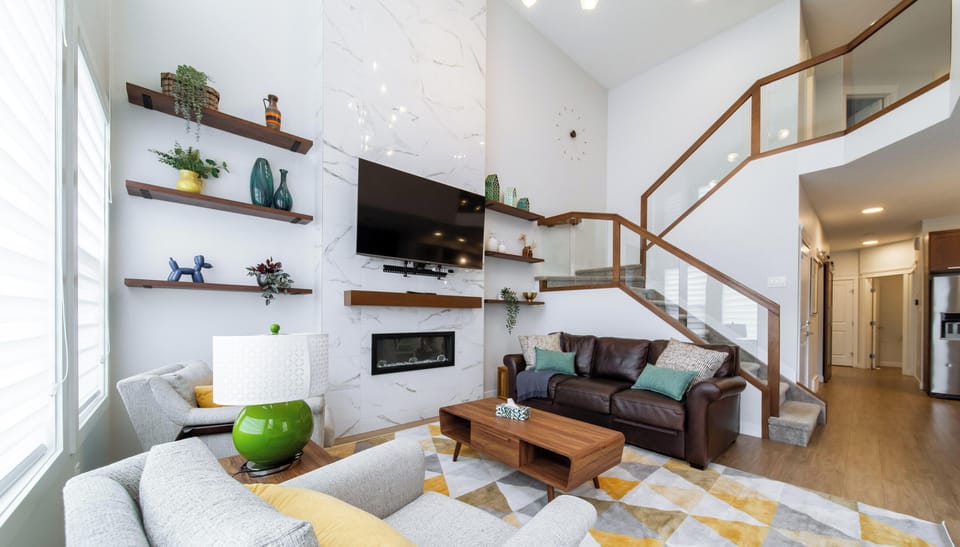 Cozy up by the fireplace for movies, chats, and downtime
