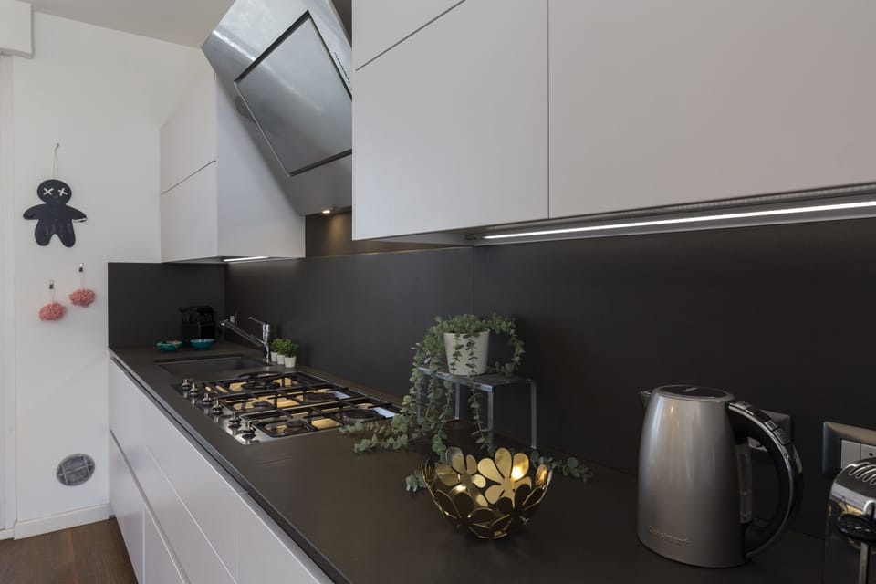 Panoramic Apartment | Private kitchen | Fridge, microwave, oven, stovetop