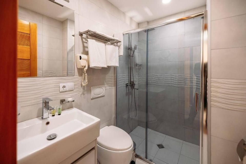 Shower, hair dryer, bathrobes, slippers