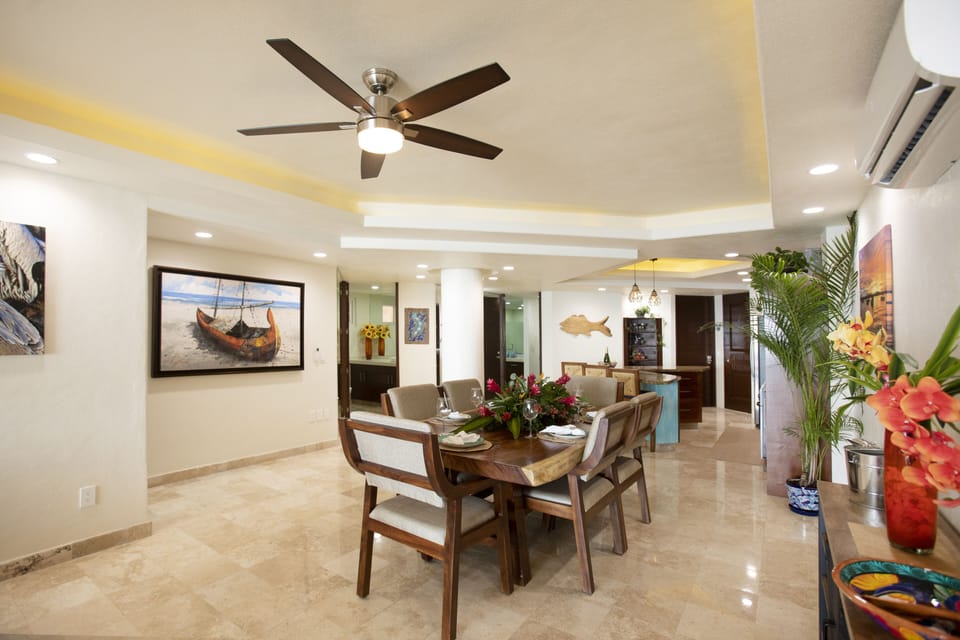 Large custom Parota wood dining table and chairs for six. 