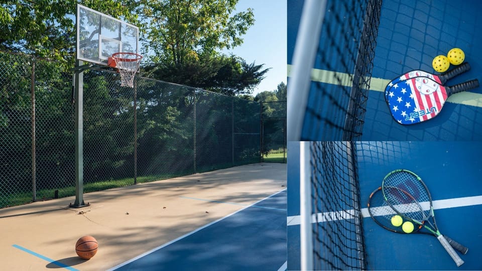 Sports court for pickle ball, tennis, or half-court basketball.  Sport eqt provided, and a bench on the court for cheering fans. Also a fun space to skateboard, ride a razor, let the littles play ball in a fenced in space.  Court is partly shaded.  