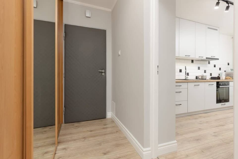 A hallway leading to the main living spaces, with a sleek modern design and wooden accents.

