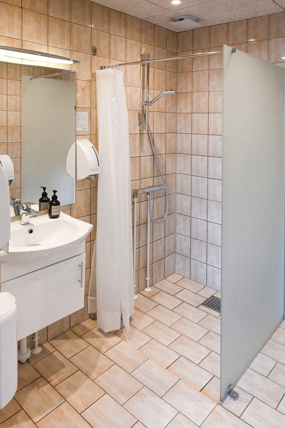 Shower, rainfall showerhead, hair dryer, towels
