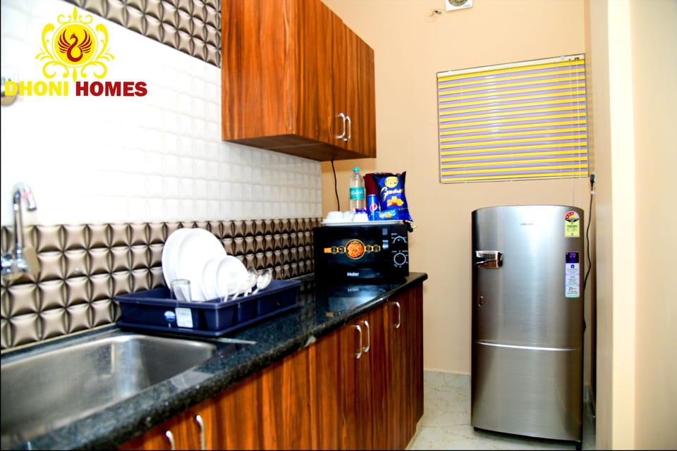 1 BHK Service Apartment | Private kitchen | Full-size fridge, microwave, electric kettle, cleaning supplies