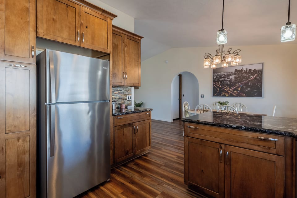 Kitchen facing dining area and main room