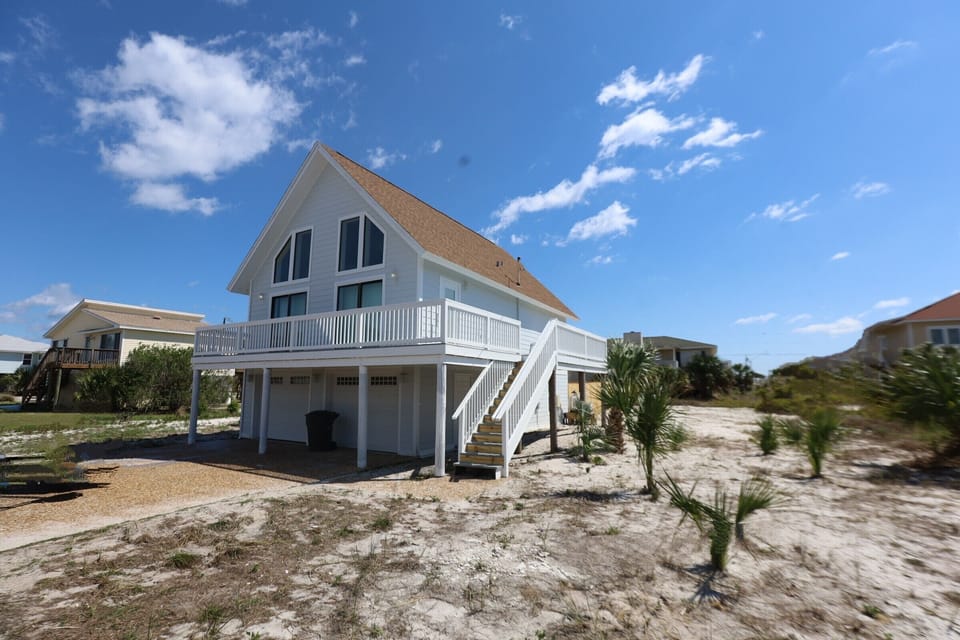 Front right-corner view of the beach house