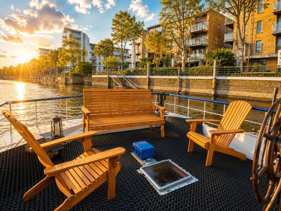 Private sun deck with timber chairs and open views across the harbour