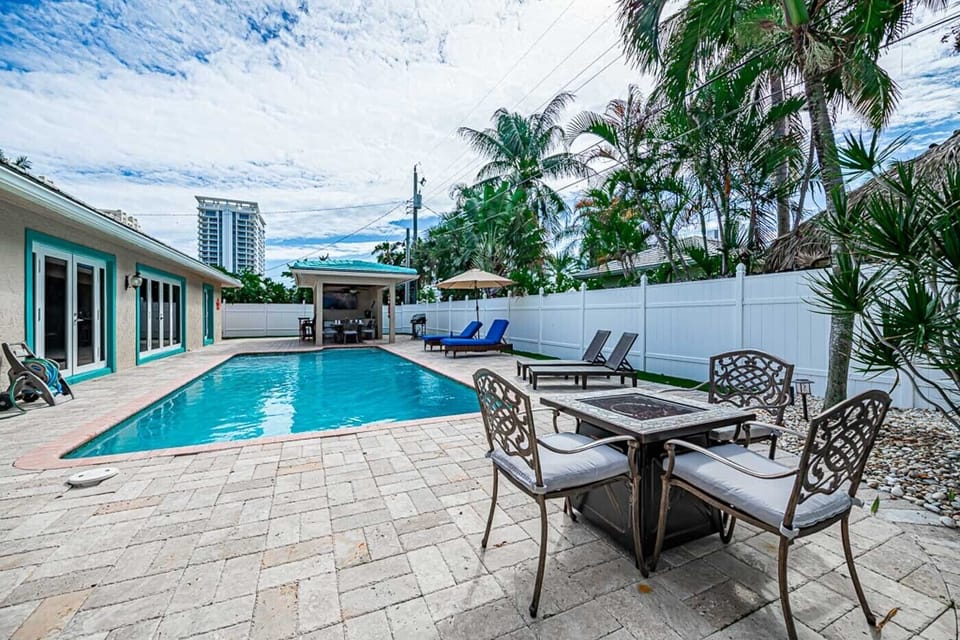 Saltwater pool with fire-pit