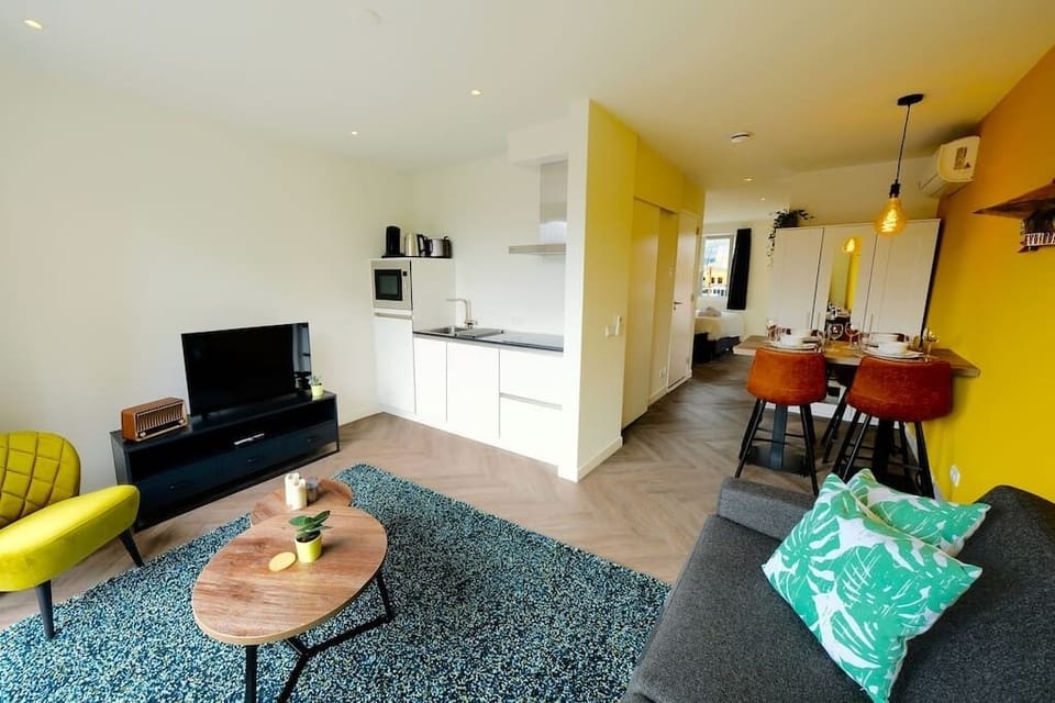 Living area with fully equipped kitchen and sofa-bed, connected to the dining area. 