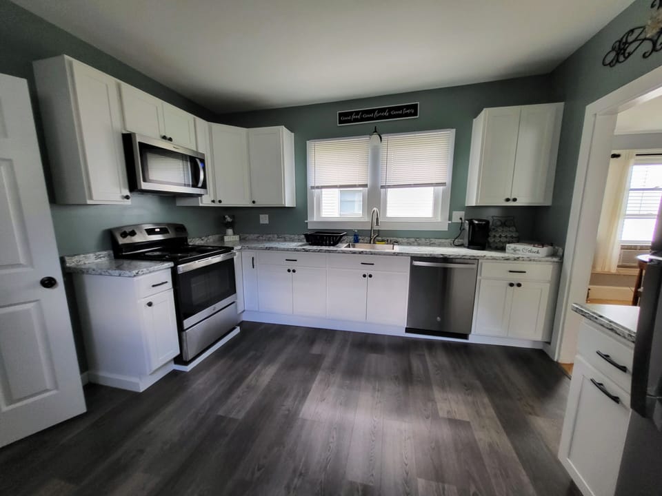 Newly updated kitchen.  Main bathroom is off kitchen. 