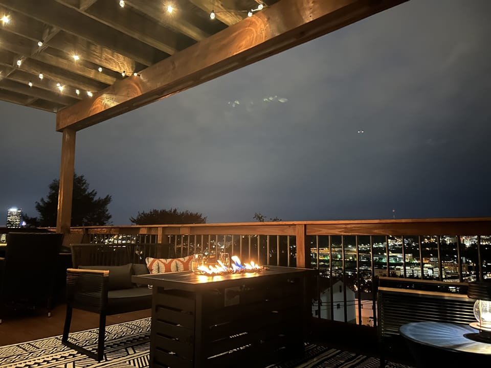 fire table and lounge chairs 